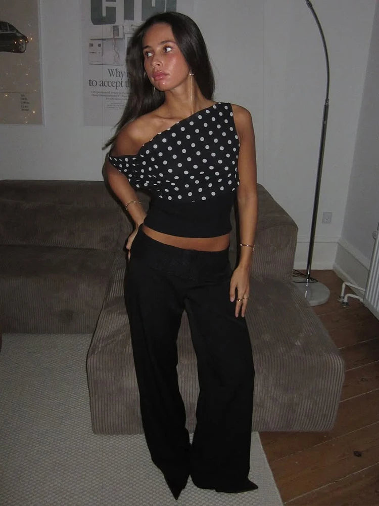 Nibber Daily Skew Collar Off Shoulder T-Shirt Women Polka Dots Print Summer Trend Backless Street Fashion Trend Ruched Crop Tops Aviola