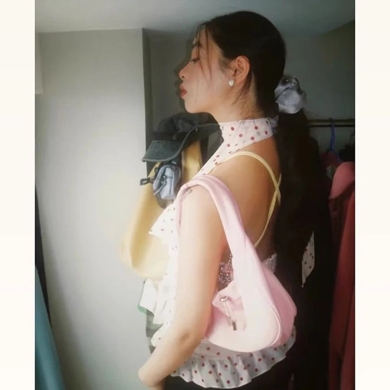 MEXZT Vintage Polka Dots Shirts Women Sexy Cropped Halter Sleeveless Chiffon Blouses Summer Korean Ruffles Print Design Tops New Aviola