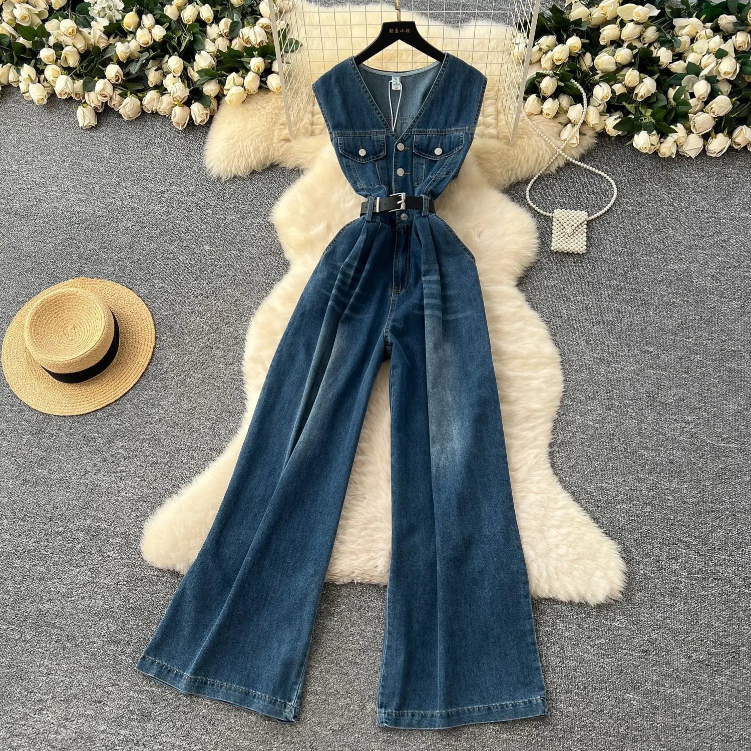 Denim Jumpsuits Women One Piece Wide Leg Pants Washed Distressed Sleeveless Pockets 2025 Streetwear High Waist Jeans Trousers Aviola