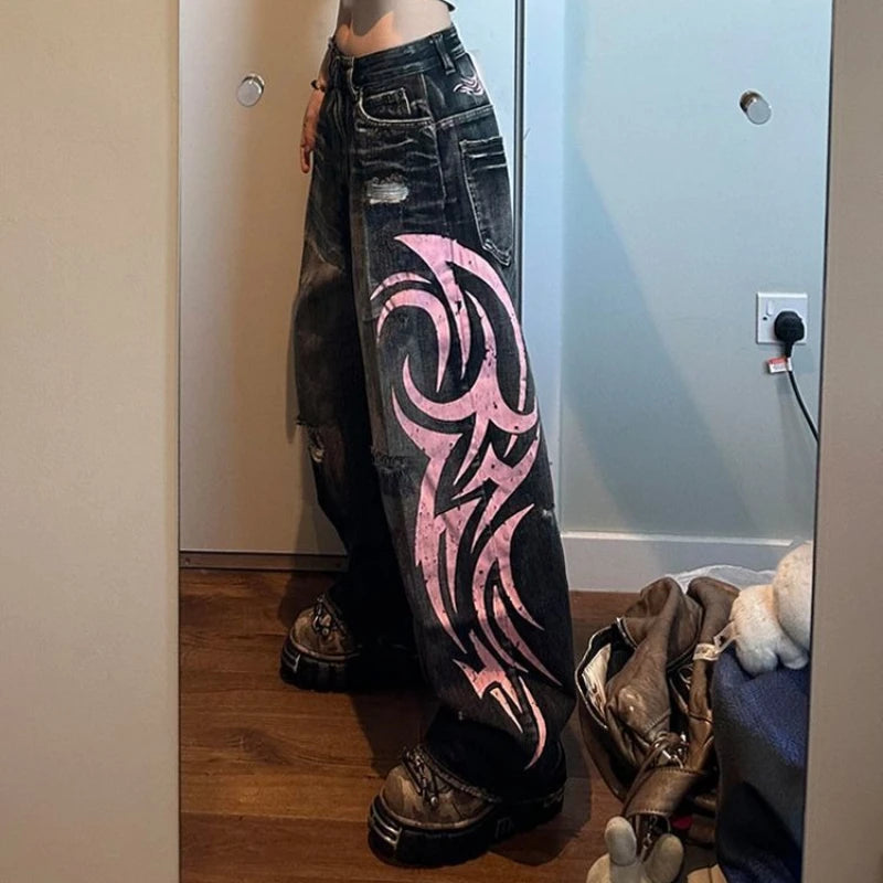 Denim Pant Women Jeans Wide Leg Long Pants Hole High Waist Straight Trousers Y2k Streetwear Print Mom Jeans Casual Loose 2025 Aviola