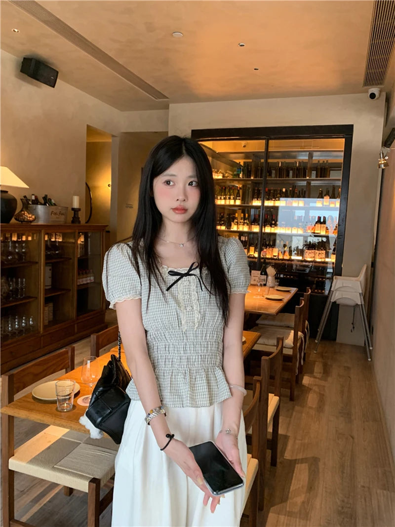 MEXZT Vintage Plaid Shirts Women Japanese Harajuku Bow Lace Patchwork Blouses Summer Kawaii Cute Puff Short Sleeve Casual Tops Aviola