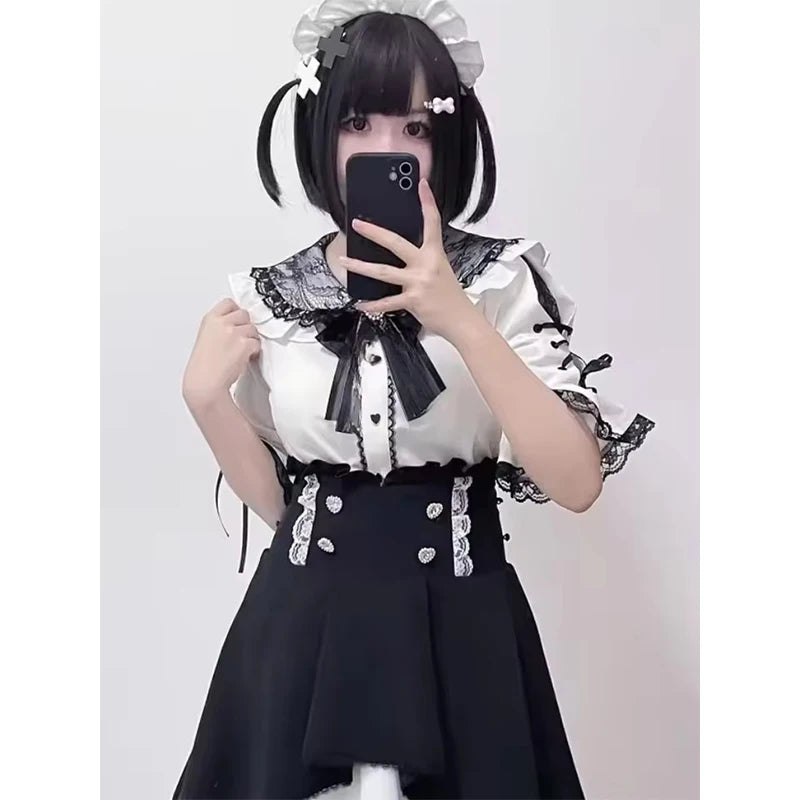 MEXZT Kawaii Bow Pink Shirts Women Japanese Jk Lolita Lace Patchwork White Blouses Summer Y2K Aesthetic Flare Short Sleeve Tops Aviola
