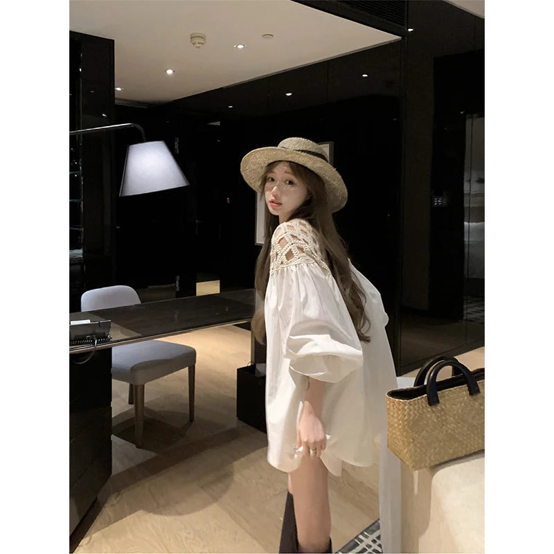 MEXZT Vintage White Shirts Women Streetwear Hollow Out Oversized Blouses Summer Ladies Korean Lantern Long Sleeve Casual Tops Aviola