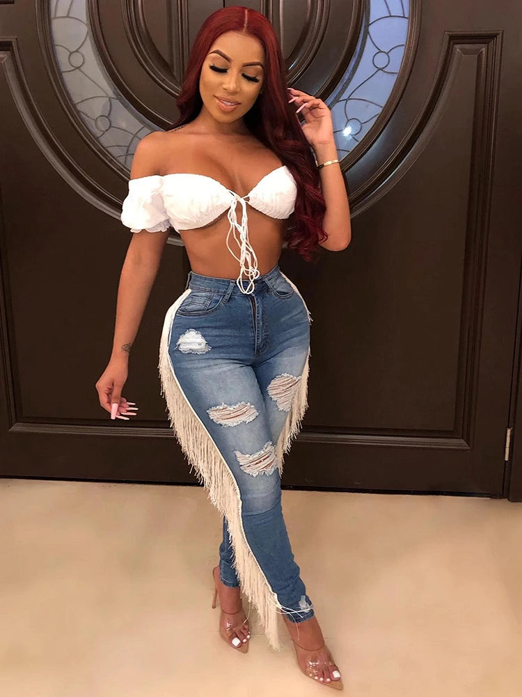 Denim Pants Women Mom Jeans Hole Long Pants Tassel High Waist Straight Trousers Y2k Bodycon Slim Fit Splice Streetwear 2025 Aviola