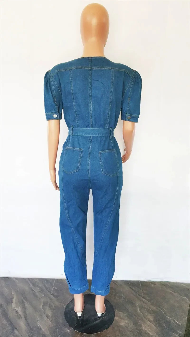 Sexy Denim Jumpsuit for Women Lace-up Pencil Pant Jeans Short Sleeve Sashes Long Rompers Playsuits One Piece Overalls Outfits Aviola