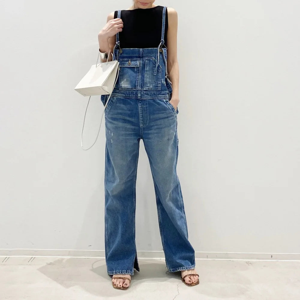 Overalls Vintage Spliced Washed Jeans Women Ankle Length Denim Straight Cargo Pants Jean Pockets Solid Basics 2024 Loose Aviola