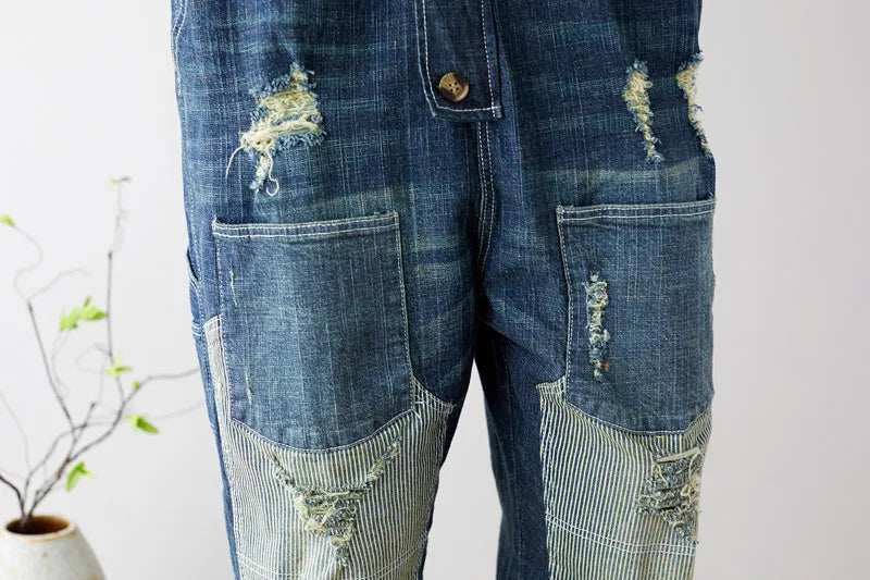 Women Jean Ripped Hole Overalls Ankle Length Denim Pants One Piece Distressed Jeans High Street Spliced Loose Washed Vintage Aviola