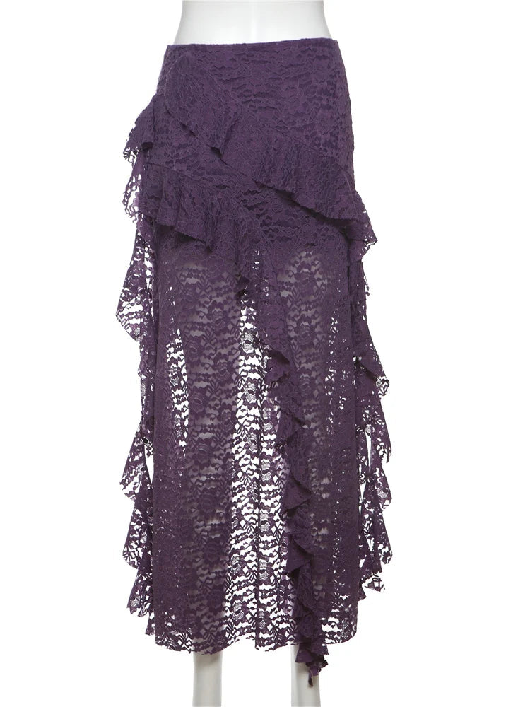 Nibber Tassels Women Skirts Irregular Hem Multi-Layered Ruffles Lace Patchwork Sweet Summer Trend Daily Skinny Versatile Bottoms Aviola