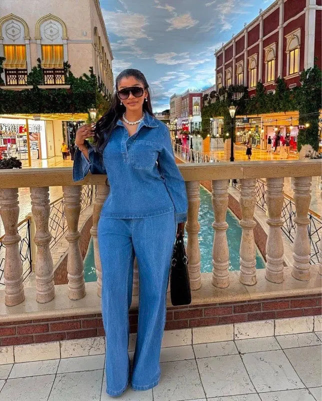 Denim Pant Set Women Two Piece Sets Turn Down Collar Mom Jeans Shirt Tops Wide Leg Long Pants Straight Trousers Y2k Streetwear Aviola