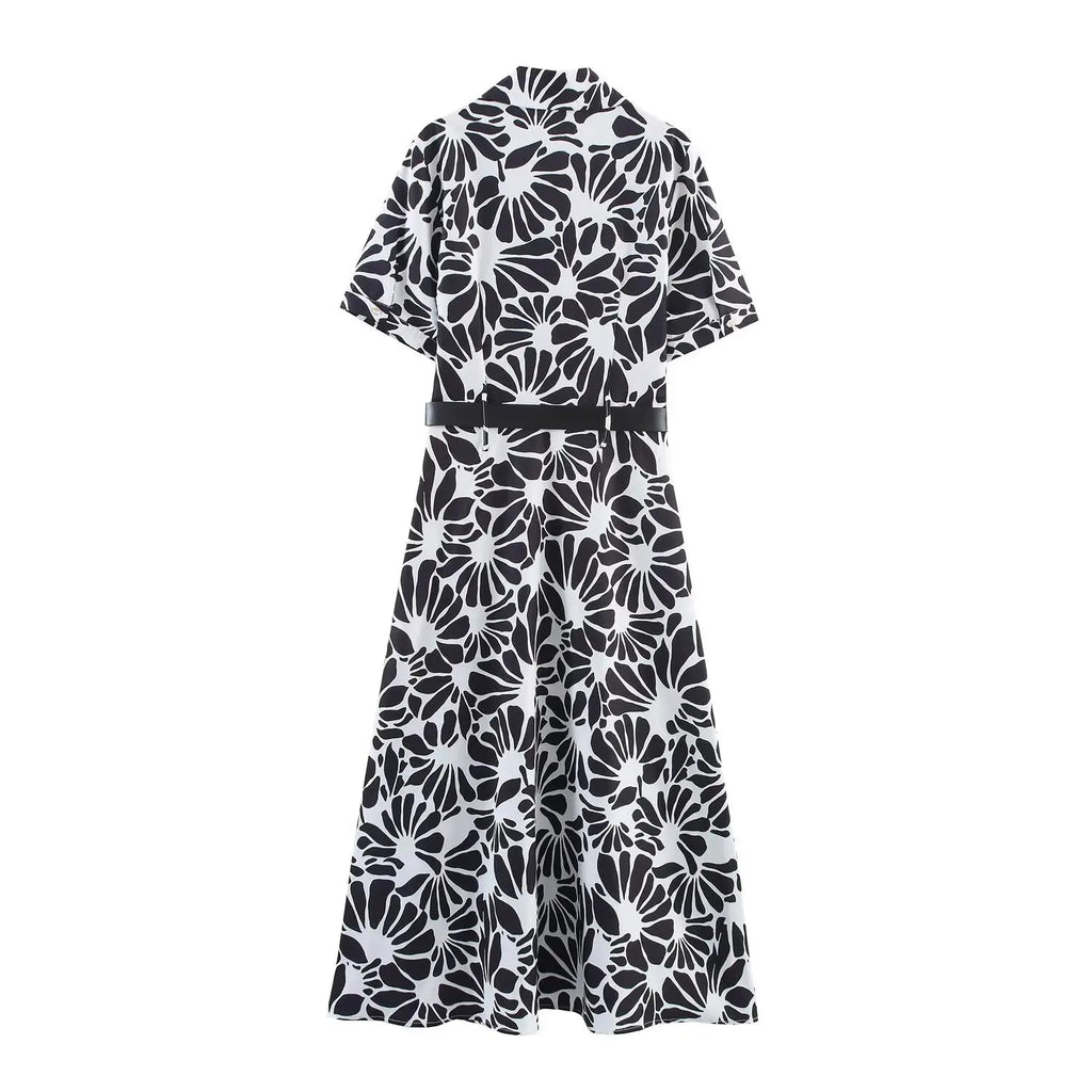 BM&MD&ZA2025 Women's Summer New Belt Decorated Casual Elegant Collared Short Sleeve Shirt Style Mid Length Printed Dress Aviola