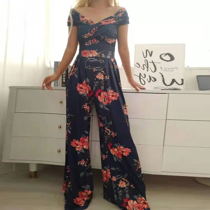 Floral Print Jumpsuit Women Summer Y2k Straight Party Overalls Y2k Club Romper Elegant Off Shoulder Sleeveless Party Jumpsuits Aviola