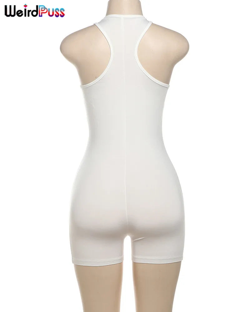 nibber Letter Print Romper Women Low-Neck Sporty Casual Sleeveless Stretch Activity Skinny Playsuit Tight Short Overalls Aviola