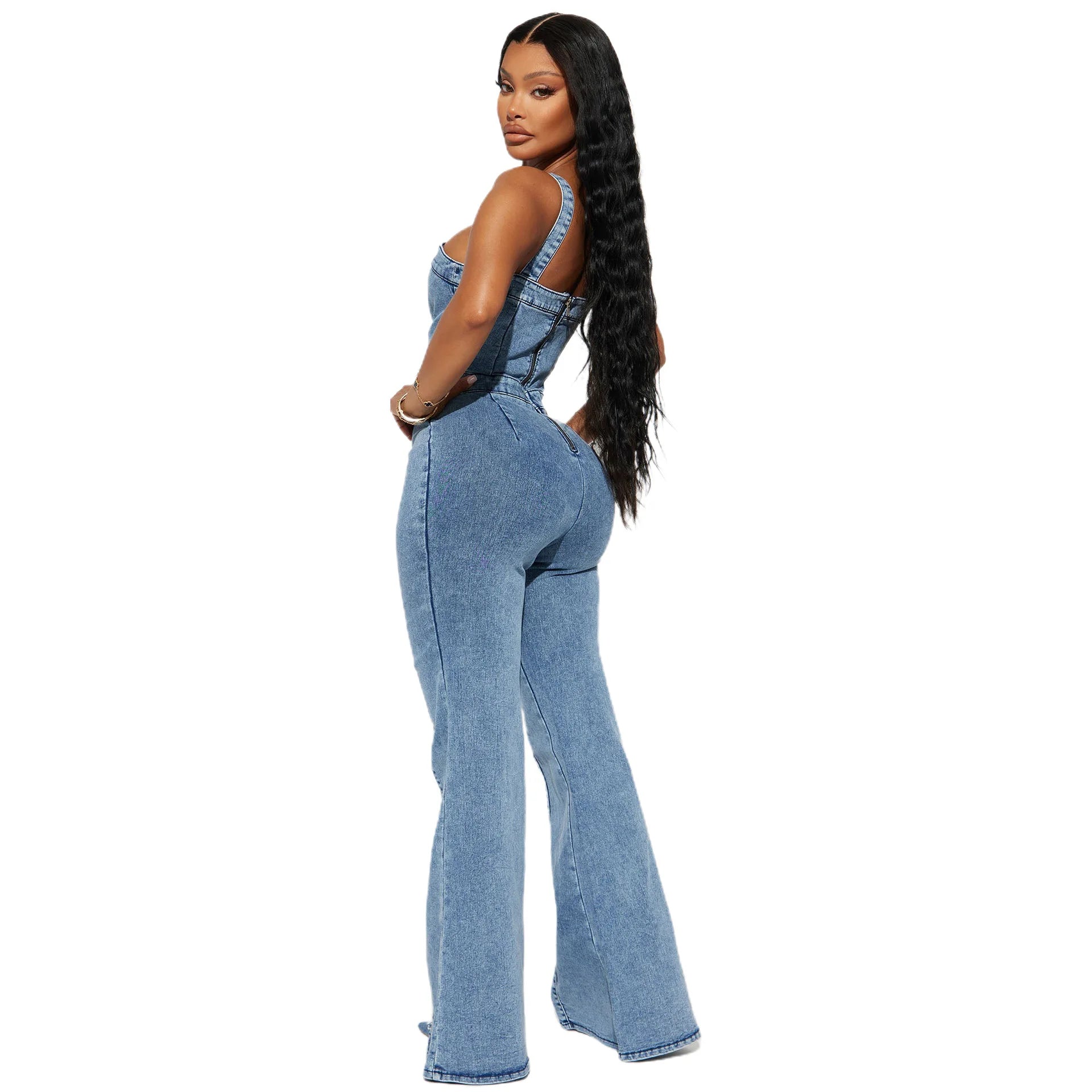 Women Jeans Rompers Sexy Overalls Jumpsuits Square Collar One Piece Solid Flare Pants Ankle Length Baics Spliced Button Aviola