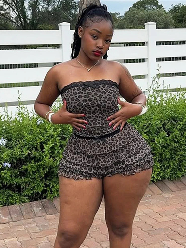 Nibber Sexy Leopard Print 2 Piece Set Women Mesh Patchwork Strapless Tops+Ruched Tierred Shorts  Hottie Street Hipster Suits Aviola