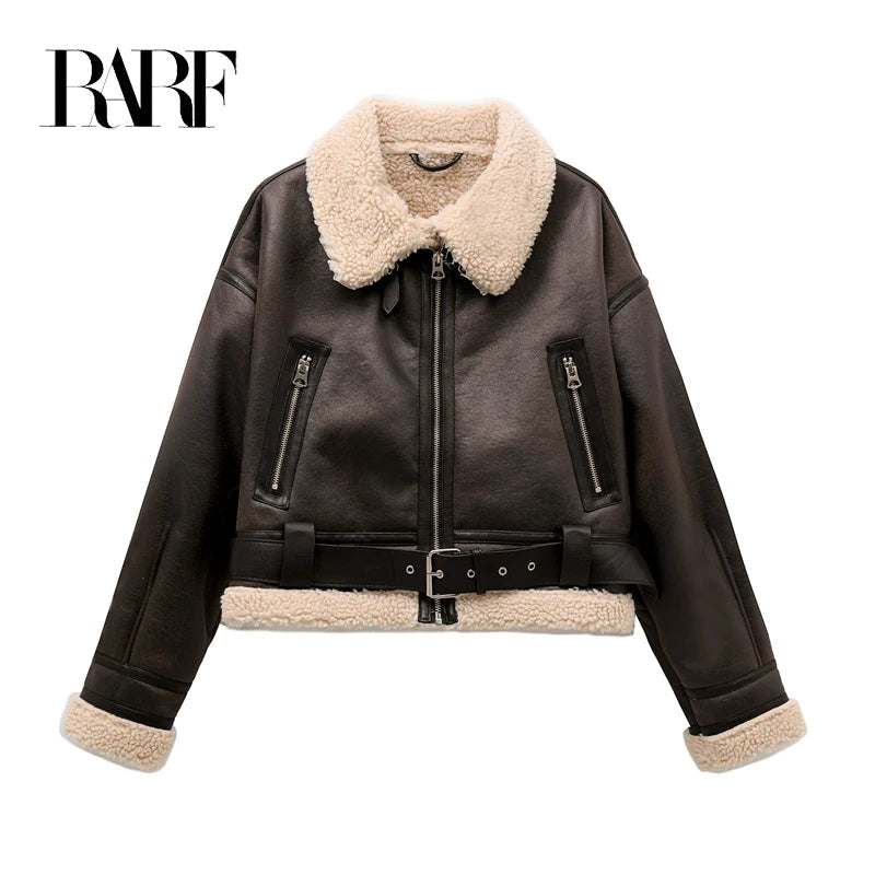 RARF 2024 New Woman's Fashion Thick Warm Faux Shearling Jacket Coat Vintage Long Sleeve Belt Hem Female Outerw Aviola