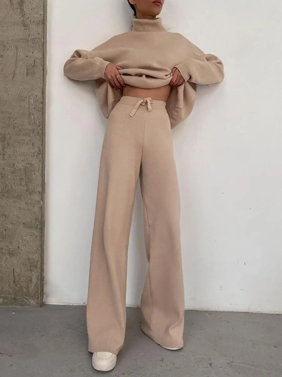 Women Tracksuit Two Pieces Set Long Sleeve Turtleneck Pullover Solid Color Hoodies Wide Leg Pants Drawstring Autumn Casual 2023 Aviola