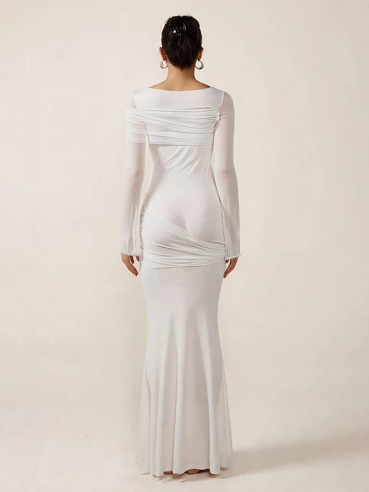 Nibber o-Neck Maxi Dress Women Mesh Long Sleeves Folds Elegant Temperament Autumn Trend Skinny Solid Banquet Simple Vestidos Aviola