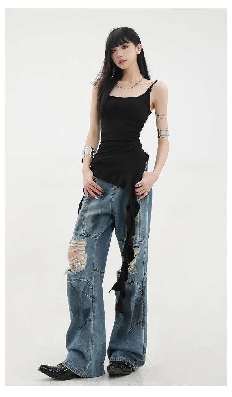 MEXZT Y2K Irregular Black Tank Top Women Grunge Aesthetic Sexy Backless Camis Gyaru Streetwear Korean Tees Summer Design Tanks Aviola