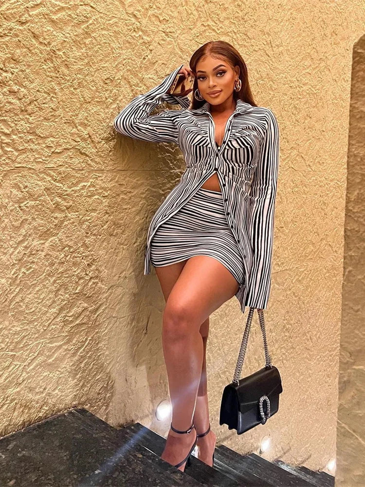 Nibber Autumn Two-piece set Women Fashion Pretty Full Sleeve Pleats Buttons Office Lady Top+Hip Skirt Striped Sexy Classic Suit Aviola