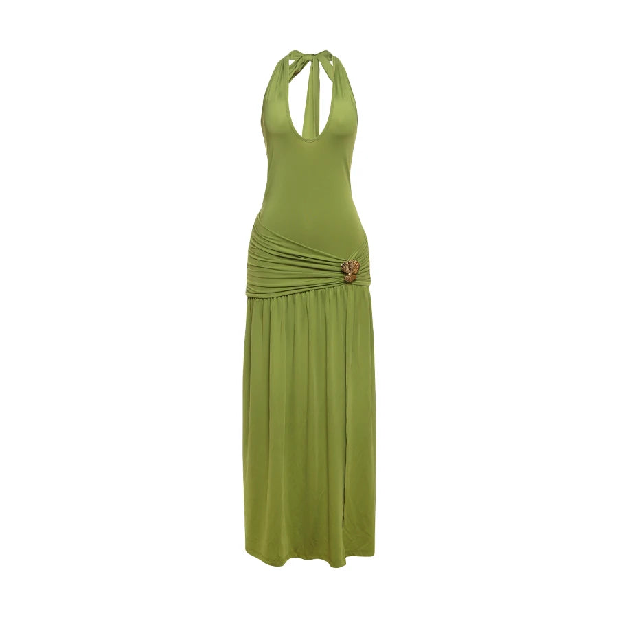 Nibber Halter Maxi Dress Women Bandage Backless High-Side Splits Low-Neck Sleeveless Metal Trim Folds Fit Temperament Vestidos Aviola