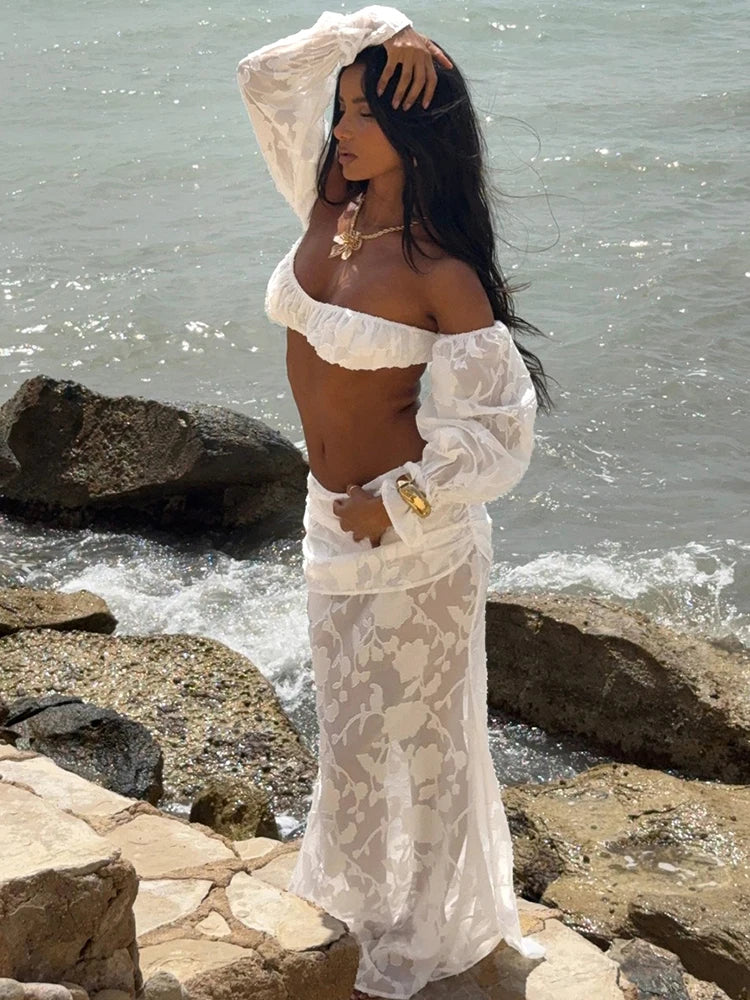 Nibber Beach Party Mesh Patchwork 2 Piece Set Women Sexy Slash Neck Flared Sleeve Crop Tops+A-Line Long Skirts Elegant Suits Aviola