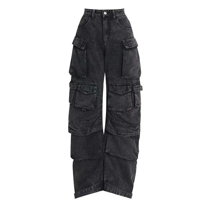 Women Jeans Denim Cargo Pants Long Pant Wide Leg High Waist Button Pockets Streetwear Y2k Mom Straight Trousers Casual Loose Aviola