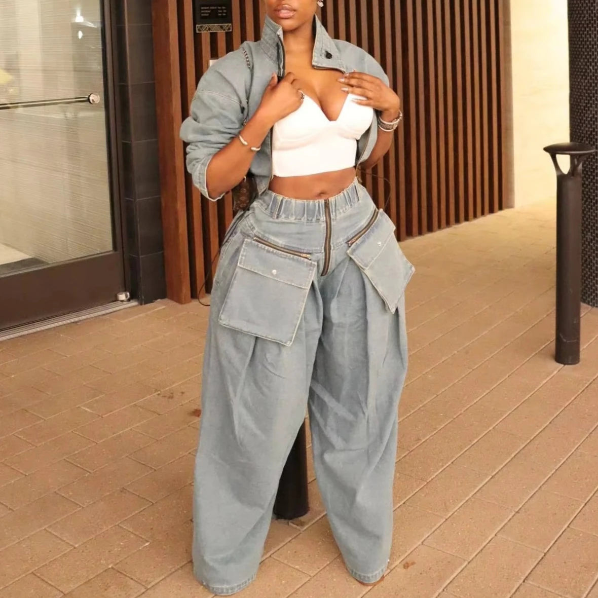 Denim Two Piece Sets Women Coat Jacket Wide Leg Pants Jeans Suits Matching Sets Trousers Outfits 2025 Y2k Streetwear Party Aviola