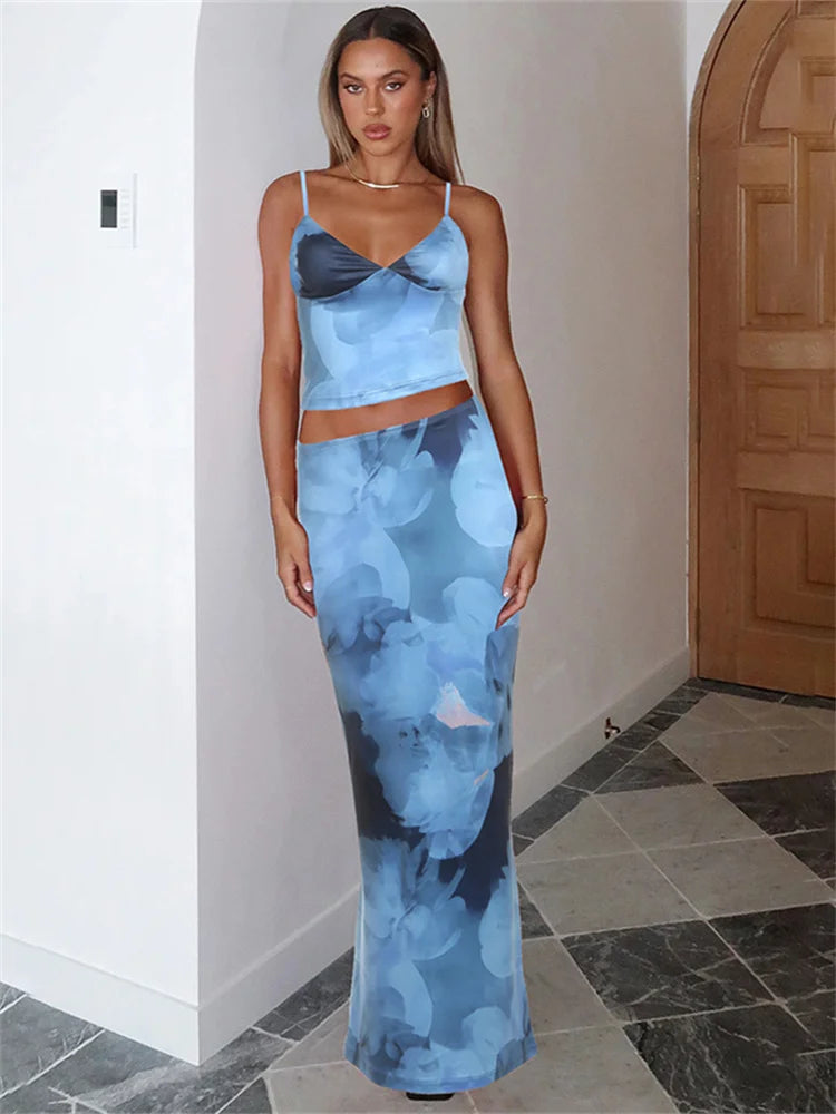 nibber Tie-Dye Print 2 Piece Set Women Summer Y2K Fashion Hipster Elegant V-Neck Camisole+Maxi Skirts Matching Streetwear outfit Aviola