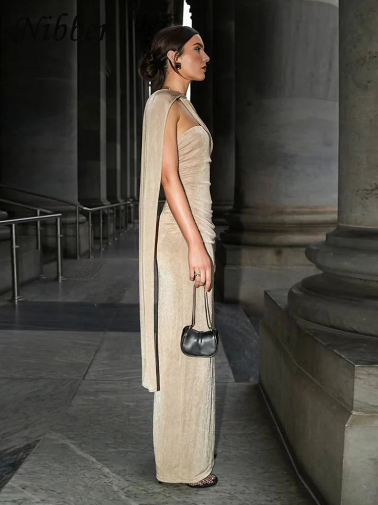 Nibber Ruched Backless Dress Women Diagonal Collar Single Shoulder Strap Tassel Elegant Temperament Stretch Trend Long Bodycon Aviola