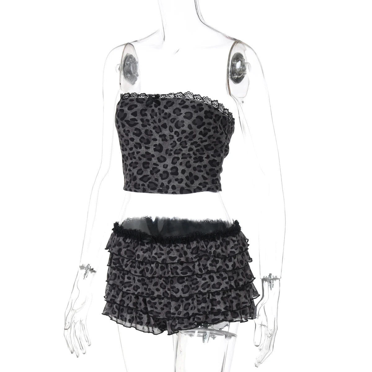 Nibber Sexy Leopard Print 2 Piece Set Women Mesh Patchwork Strapless Tops+Ruched Tierred Shorts  Hottie Street Hipster Suits Aviola