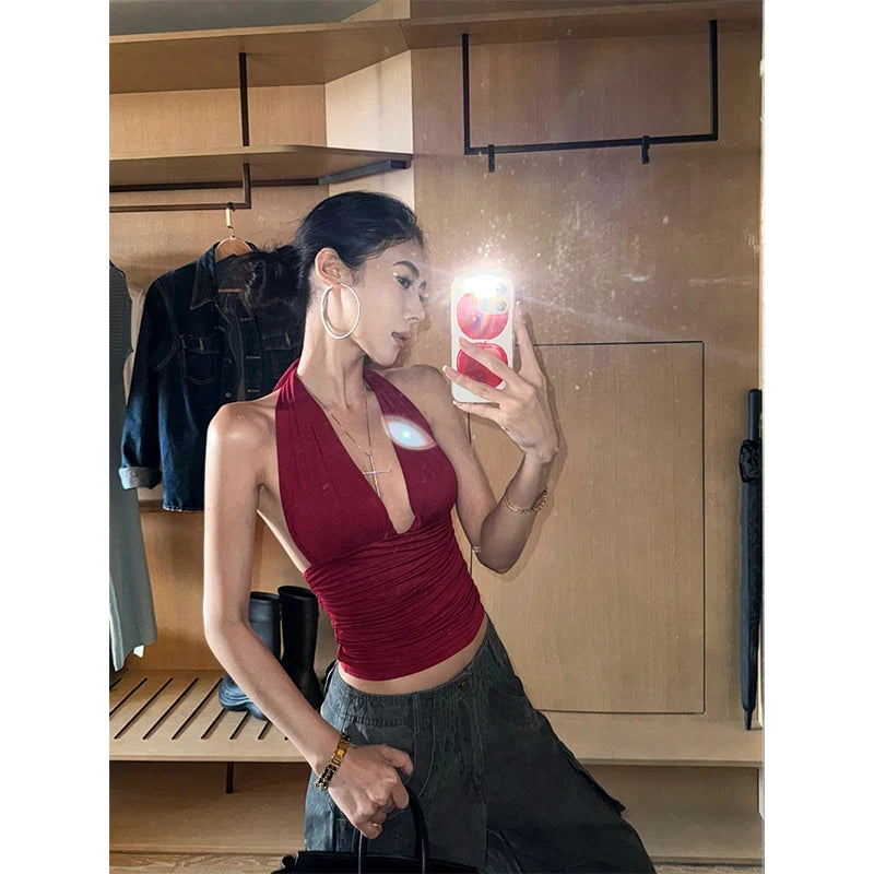 MEXZT Y2K Red Tank Top Women Streetwear Sexy Gyaru Halter Backless Corset Grunge Aesthetic V Neck Camis Summer Coquette Clothes Aviola