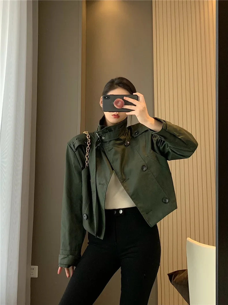 RARF 2024 autumn new women's fashion pocket double breasted waxed leather short trench coat women's top coat Aviola