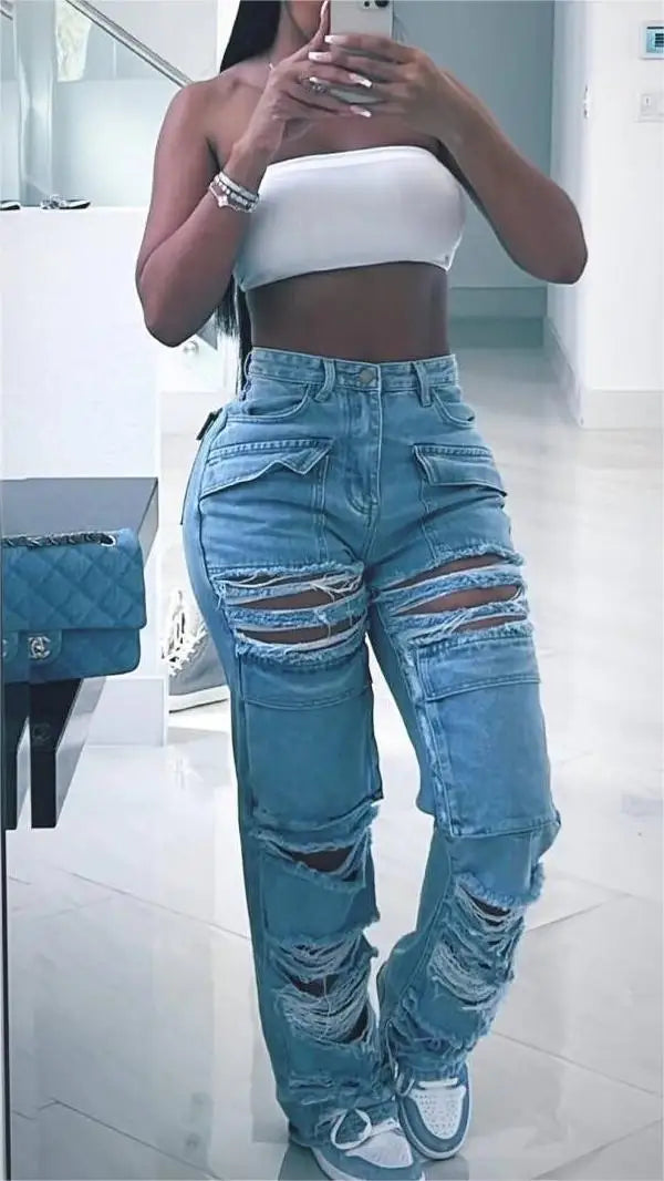 Women Jeans Denim Patchwork Straight Pants Holes Distressed Pockets Washing High Street Low Waist Zipper Fly Flat Winter Aviola