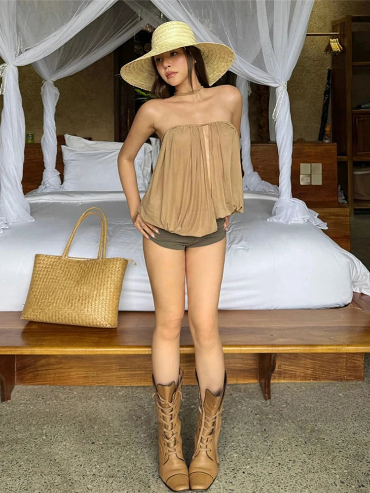 Nibber Draps Tops Women Splits Solid Wrap Sexy Slim Beach Party Strapless Vacation Simple Classic Street Midnight Hottie Outfits Aviola