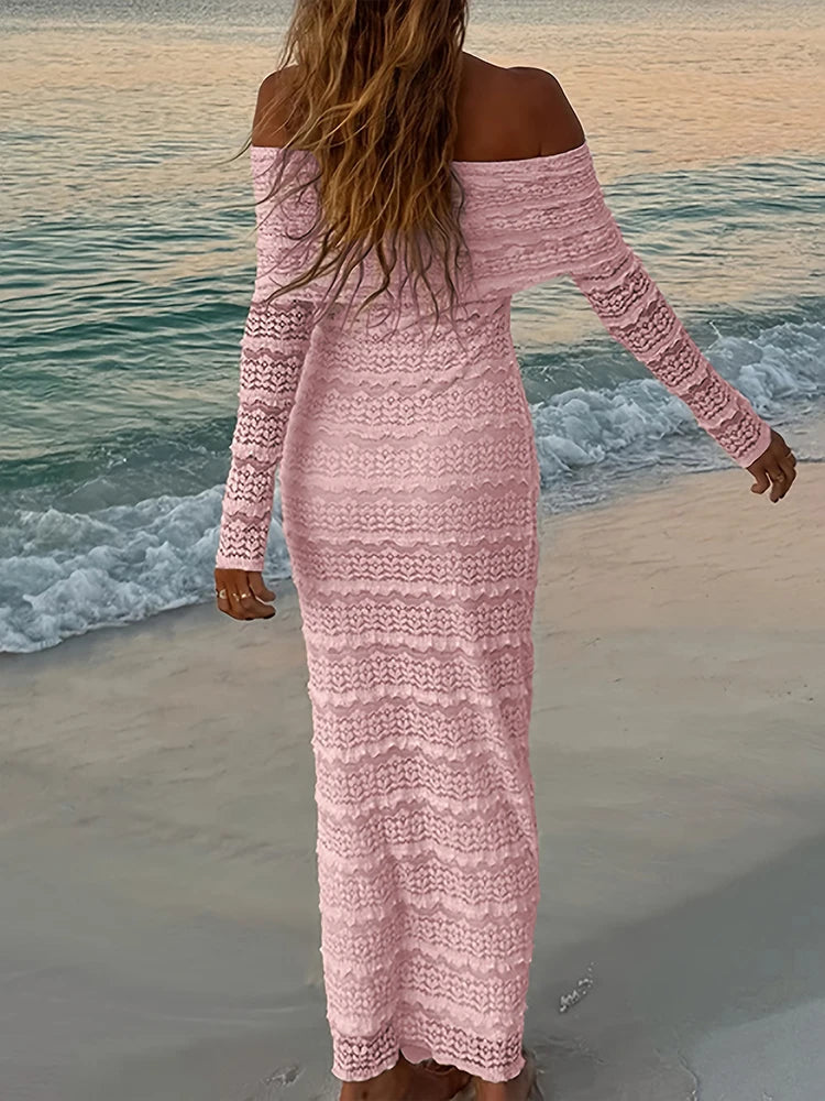 Nibber Vacation Dress Women Jacquard Lapel Slash Neck Backless See Through Full Sleeve Beach Party Elegant Chic Long Bodycon Aviola