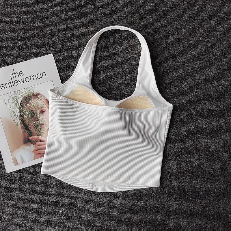 2023 Summer Sexy Sports Bra Rib Sport Top Underwear Women's Running Gathered Bra Hanging Neck Fitness Vest Fixed Padded Yoga Bra Aviola