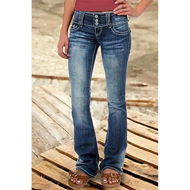 Mid Waist Flared Jeans Women Button Casual Straight Leg Pants New 2023 Summer Pocket Hole Female Loose Office Lady Slim Pants Aviola