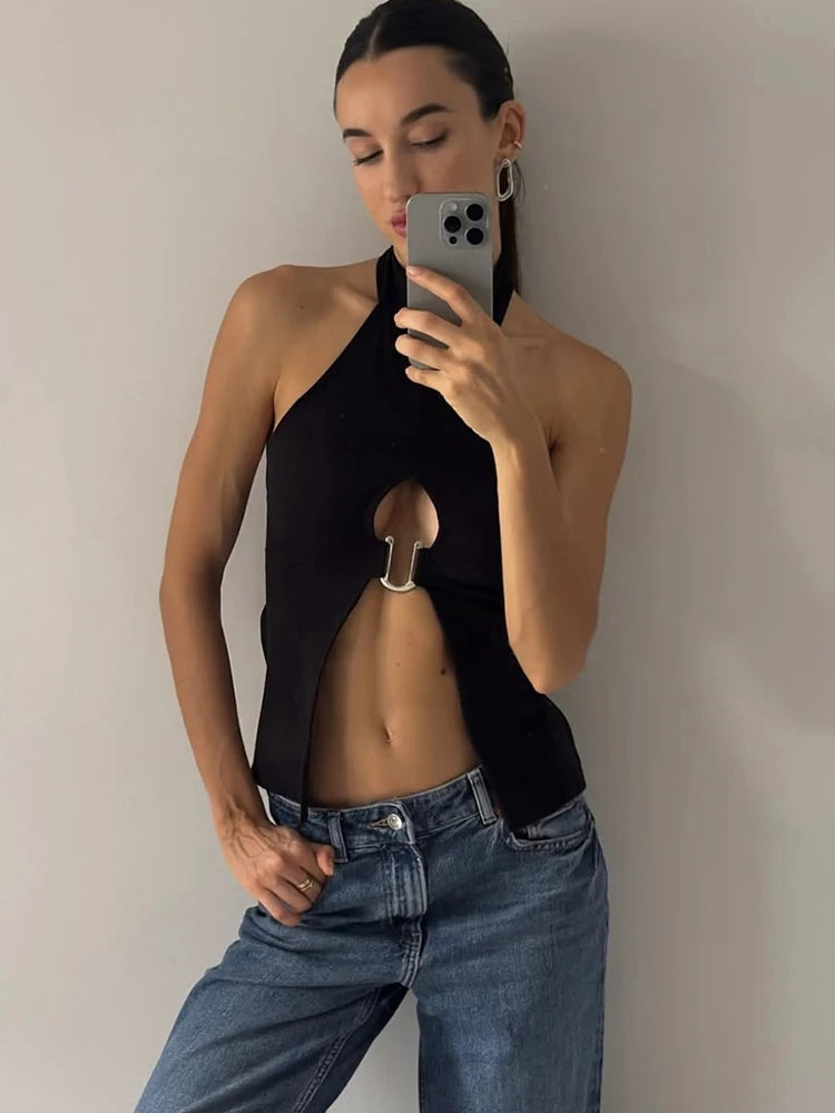 Nibber u-Shaped Metal Ring Tops Women Splits o-Neck Backless Sleeveless Coquette Buttons Halter Sexy Hottie Midnight Clothes Aviola