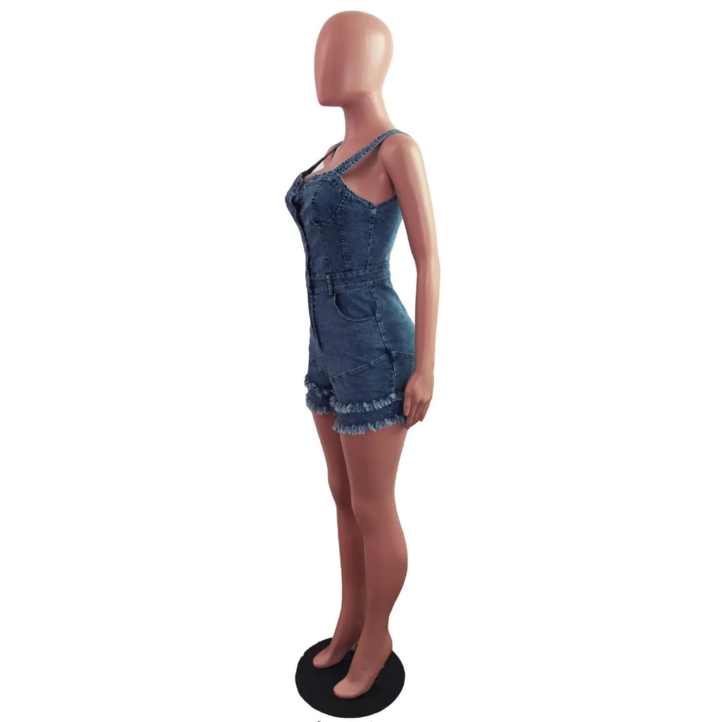 Women Denim Rompers Shorts Jeans Overalls High Waist Spliced Washed Jean Tassel Pockets One Piece Casual Skinny Solid 2025 Aviola