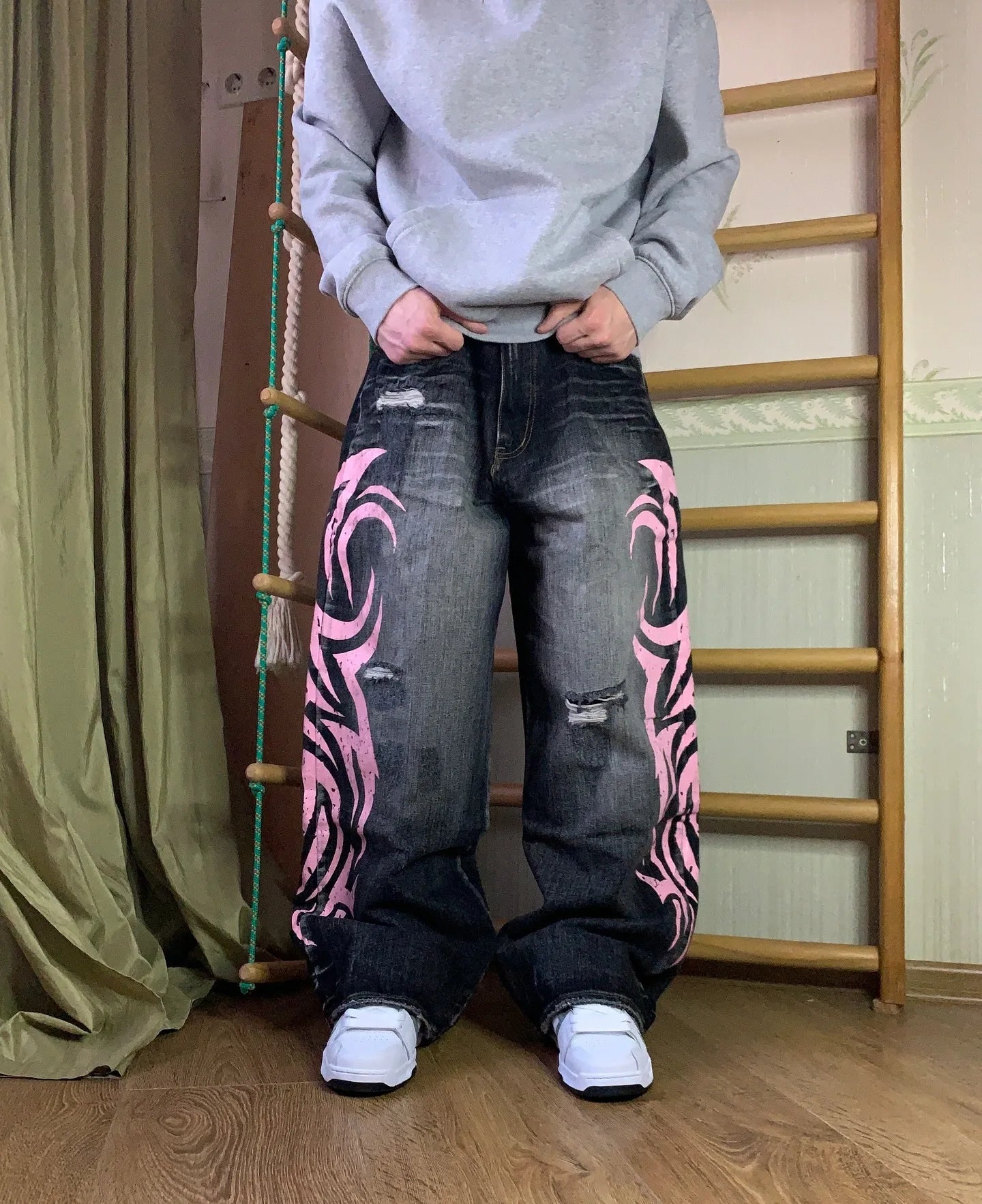 Denim Pant Women Jeans Wide Leg Long Pants Hole High Waist Straight Trousers Y2k Streetwear Print Mom Jeans Casual Loose 2025 Aviola