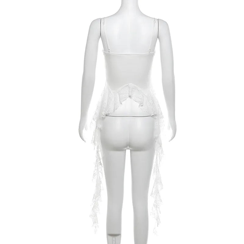 MEXZT Y2K Irregular White Tank Top Women Sexy Lace Ruffles Backless Black Corset Summer Gyaru Streetwear Grunge Bandage Camis Aviola