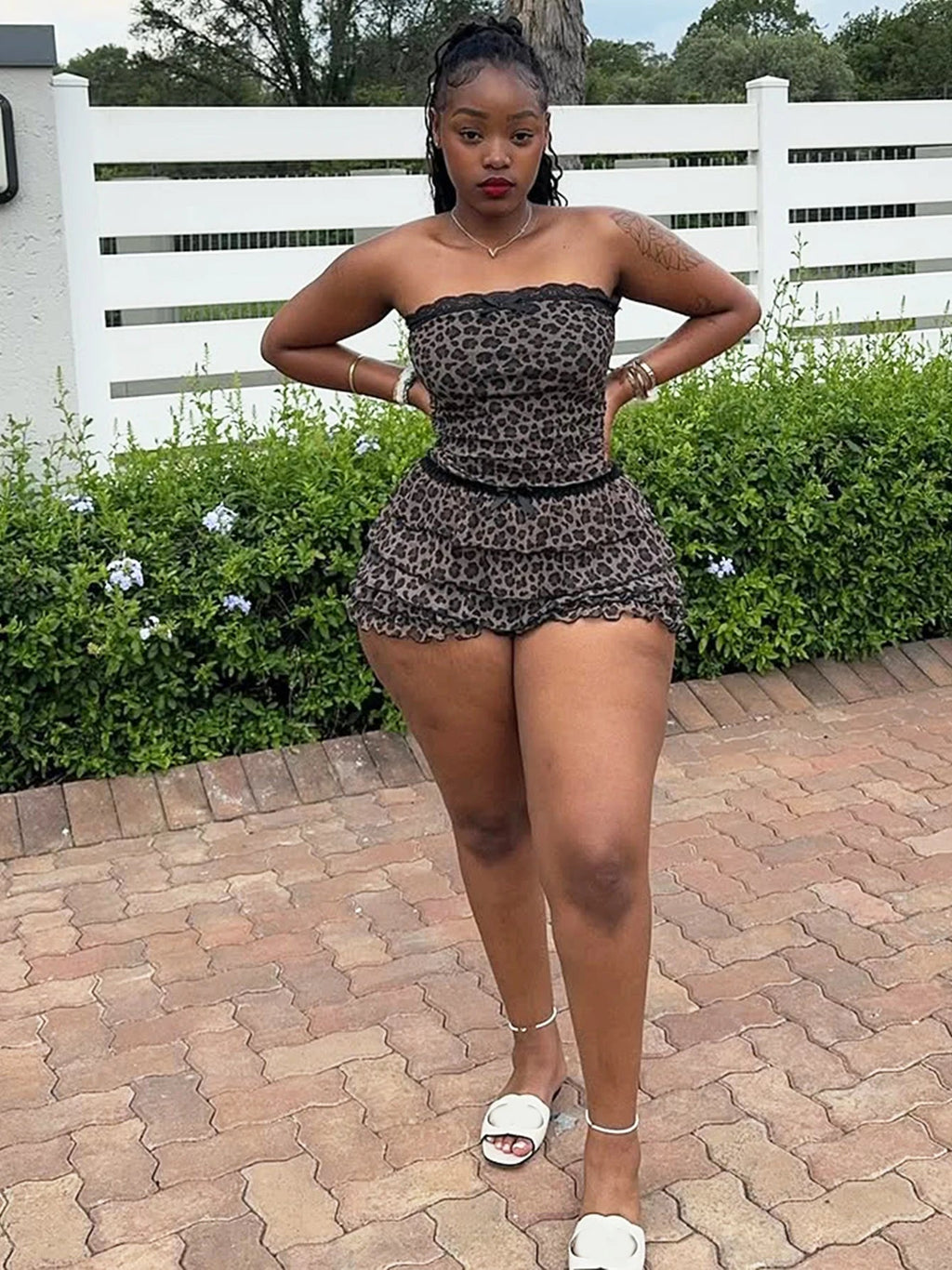 Nibber Sexy Leopard Print 2 Piece Set Women Mesh Patchwork Strapless Tops+Ruched Tierred Shorts  Hottie Street Hipster Suits Aviola