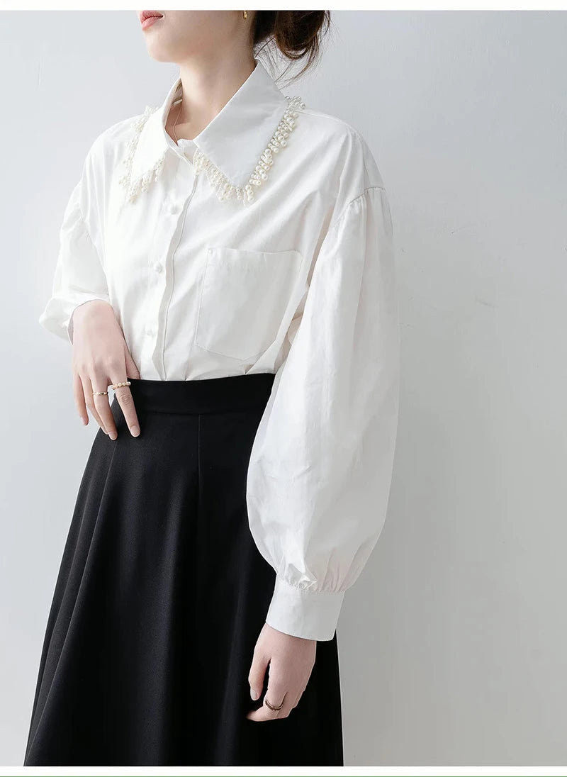 MEXZT Elegant White Shirts Women Fashion Beading Patchwork Blouses Office Ladies Korean Long Sleeve Pocket Design Casual Tops Aviola