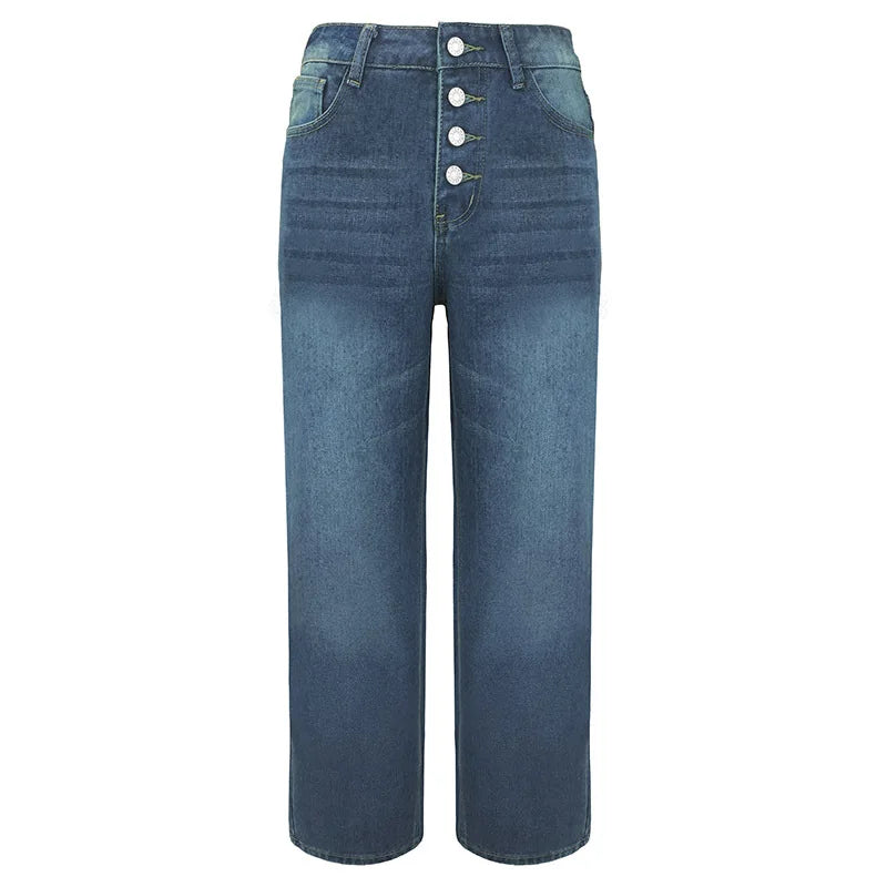 Women Jeans Solid Color Straight Pants Zipper Fly Flat Pockets Streetwear Loose Fit Mid Waist Patchwork Button Autumn 2023 Aviola