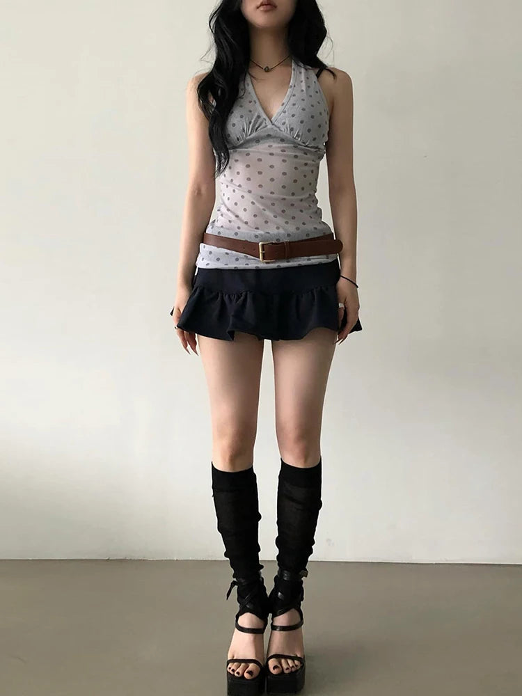 Nibber See Through Vests Women v-Neck Halter Bandage Backless Polka Dot Print Street Sexy Daily Skinny Fashion Hot Chick Tops Aviola