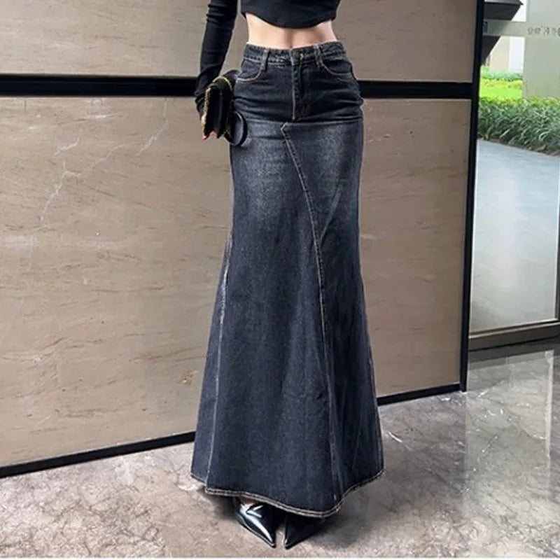 Maxi Skirt Women Casual Mermaid Streatwear High Waist Zipper Denim Skirts Y2k Streetwear Loose Long Mom Jeans Ankle Lenth Summer Aviola