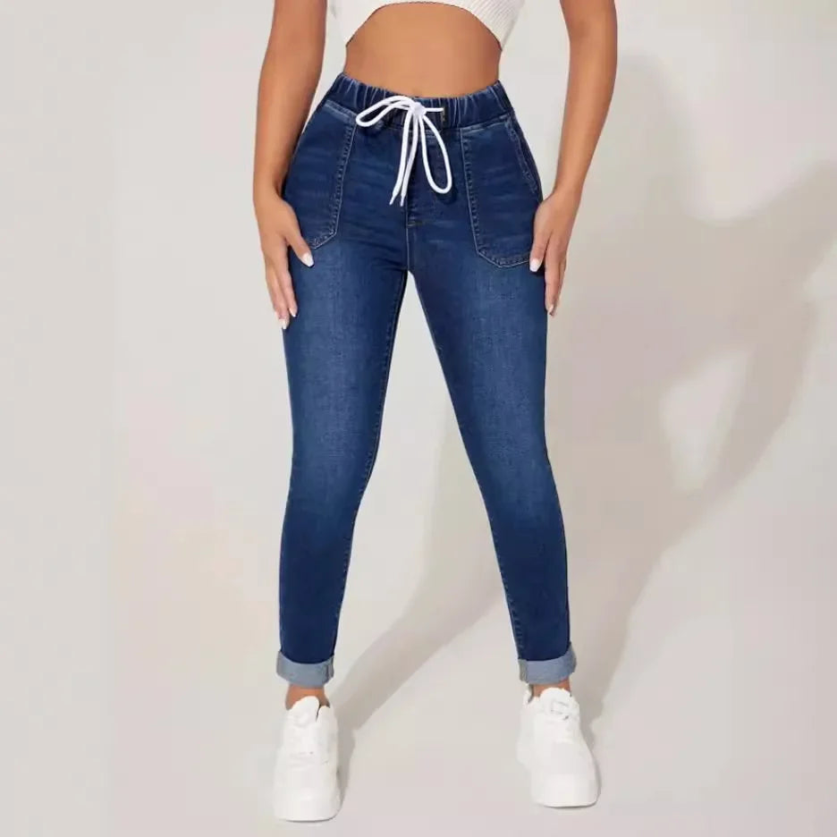 Stretch Pencil Pants Women High Waist Lace Up Distressed Denim Ankle Length Trousers Slim Denims 2025 Streetwear Vintage Jeans Aviola