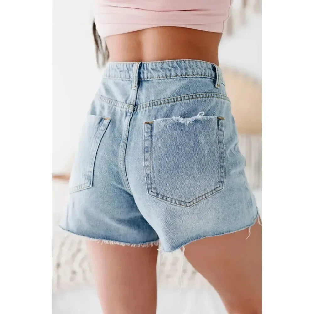 Denim Shorts Women Sexy Ripped Mom Jeans Button Pocket Washed Distressed Mid Waist Streetwear Short Summer 2025 Hole Short Pants Aviola