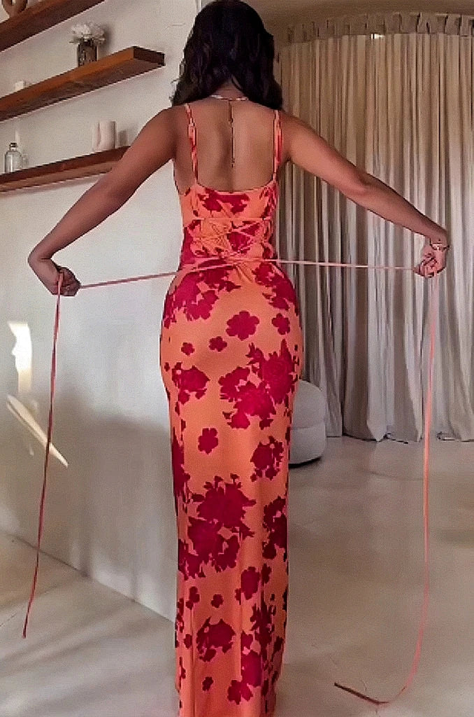 Sexy backless lace-up and printed halter dress Aviola