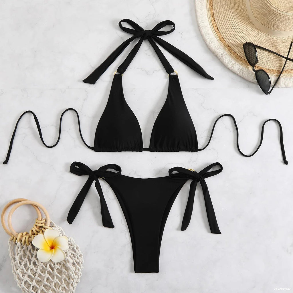 2025 Sexy Two-piece Women's Solid Swimsuit Tight Push-up Swimwear Summer Backless Bikini Brazilian Beach Mini Thong Bathing Suit Aviola